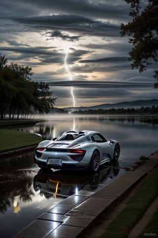 A high-speed shot of the sleek Porsche 918 Spyder coupé, blurred motion capturing its velocity as it zooms towards the camera. Amidst the pre-storm darkness, a mesmerizing display of water particles swirl around the vehicle, illuminated by subtle lightning flashes. The background is an eerie, misty lake with towering trees and dense fog, reflecting the car's sleek design. ((A LOT of water particles)) dance in the air, creating a dynamic composition that immerses the viewer.