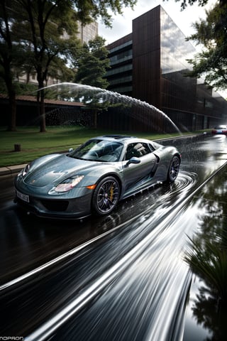 Beautiful car, coupé, water and light particles, ((photorealistic)), motion blur, ultra hd, dynamic composition, ((dynamic pictures)), ((dynamic)), ((physically accurate picture)), interesting background, (((A LOT of water particles))), Porsche 918 Spyder, ((dark ambiente)), weather before a storm 