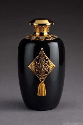 SD 1.5, beautiful perfume bottle,  Arabian style bottle, mysterious, ((extremely detailed)), Obsidian, very expensive design, golden design, extravagant, the bottle looks like 1 million dollars,