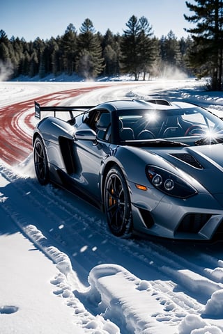 Extreme Drifting through snow, kicking up snow with it's tires, detailed particles, sportscar, elegant styling, mid engine supercar, dust and light particles, ((photorealistic)), ultra hd, dynamic composition, luxury car, dynamic pictures,
