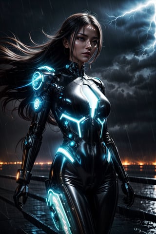A futuristic partly cyborg girl stands amidst a torrential downpour, rain particles swirling around her. She wears a sleek, high-tech jumpsuit reinforced with plasma and electricity, accentuating her athletic physique. The dark ambiance is illuminated by flashes of light particles dancing through the misty atmosphere, casting an otherworldly glow on her striking features.