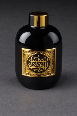 SD 1.5, beautiful perfume bottle,  Arabian style bottle, mysterious, ((extremely detailed)), Obsidian, very expensive design, golden design 