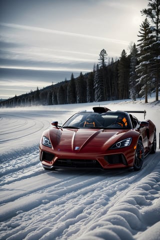 Drifting through snow, sportscar, elegant styling, mid engine supercar, dust and light particles, ((photorealistic)), ultra hd, dynamic composition, luxury car, dynamic pictures,