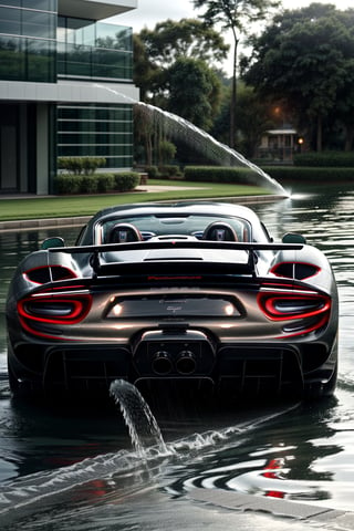 Beautiful car, coupé, water and light particles, ((photorealistic)), motion blur, ultra hd, dynamic composition, ((dynamic pictures)), ((dynamic)), ((physically accurate picture)), interesting background, (((A LOT of water particles))), Porsche 918 Spyder, dark ambiente, raining 
