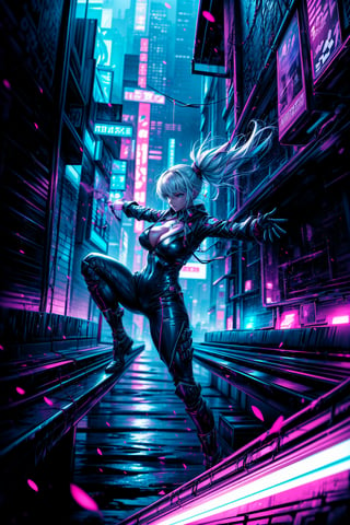 A mysterious girl from the future, body reinforced with plasma, futuristic, dark atmosphere, skyline, using plasma ropes to swing from building to building, (((dynamic picture))), (((dynamic pose))),
swinging, light particles, electric particles, a rainey night, water particles, cyberpunk clothing style, cyberpunk 