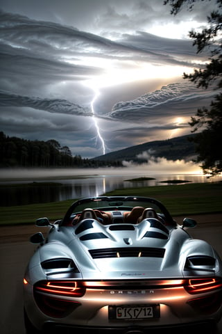 A high-speed shot of the sleek Porsche 918 Spyder coupé, blurred motion capturing its velocity as it zooms towards the camera. Amidst the pre-storm darkness, a mesmerizing display of water particles swirl around the vehicle, illuminated by subtle lightning flashes. The background is an eerie, misty lake with towering trees and dense fog, reflecting the car's sleek design. ((A LOT of water particles)) dance in the air, creating a dynamic composition that immerses the viewer.