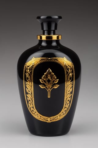 SD 1.5, beautiful perfume bottle,  Arabian style bottle, mysterious, ((extremely detailed)), Obsidian, very expensive design, golden design, extravagant 