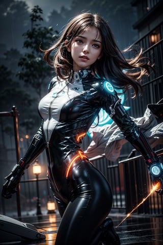 A futuristic partly cyborg girl stands amidst a torrential downpour, rain particles swirling around her. She wears a sleek, high-tech jumpsuit reinforced with plasma and electricity, accentuating her athletic physique. The dark ambiance is illuminated by flashes of light particles dancing through the misty atmosphere, casting an otherworldly glow on her striking features.,photorealistic