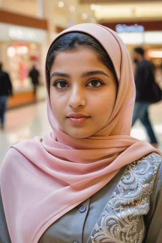  18 years Indian Muslim girl,  realistic image, at mall