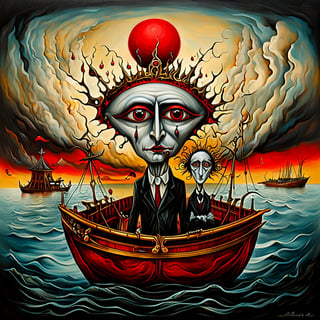 couple with a  man, a bright white face, and women dark black face with red eyes looking straight at you in a boat More surrealism and madness.much more surrealism and crazy designs. With gold and cardinal red surreal Salvador Dali clouds coming out of her head.more surrealism and bizarre designs with bright vibrant colours lowbrow art style, surreal 8k,oil paint , in the style of esao andrews
