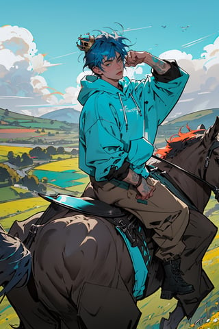 (master piece), vivid, man, male, 20 years old, blue pupils, Comma hair, multicolored hair, cyan bangs, oversized cyan hoodie, cargo pants, black shoes, white gloves, white ring in middle finger right hand, black ring in middle finger lefthand, light brown skin, meadow background, eyebags, muscular_body, one person in frame, crown, face focus portrait, hand in pocket,perfect, swords
,1boy,weapon, Horseback riding