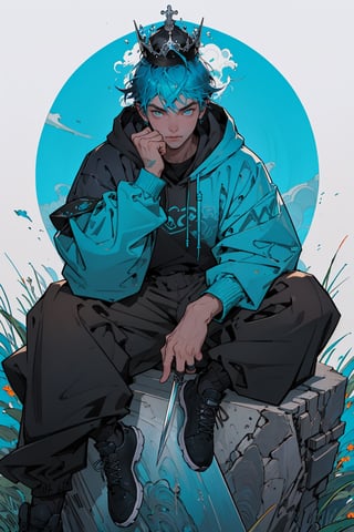 (master piece), vivid, man, male, 20 years old, blue pupils, Comma hair, multicolored hair, cyan bangs, oversized cyan hoodie, cargo pants, black shoes, white gloves, white ring in middle finger right hand, black ring in middle finger lefthand, light brown skin, meadow background, eyebags, muscular_body, one person in frame, crown, face focus portrait, hand in pocket,perfect, swords
,1boy,weapon, sit pose,