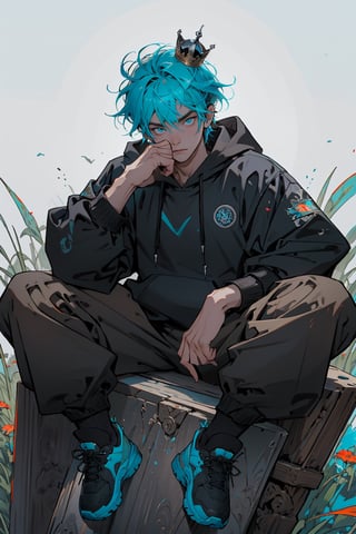 (master piece), vivid, man, male, 20 years old, blue pupils, Comma hair, multicolored hair, cyan bangs, oversized cyan hoodie, cargo pants, black shoes, white gloves, white ring in middle finger right hand, black ring in middle finger lefthand, light brown skin, meadow background, eyebags, muscular_body, one person in frame, crown, face focus portrait, hand in pocket,perfect, swords
,1boy,weapon, sit in horse pose,