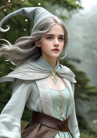 photorealistic, 35mm, intricate details, hdr, intricate details, hyperdetailed, natural skin texture, hyperrealism, sharp, 1 girl, (Emma Watson), adult (elven:0.7) woman, freckles, grey eyes, chestnut layered white hair, portrait, looking down, solo, half shot, detailed background, witch hat, witch, magical atmosphere, hair flowing in the wind, metallic silver trimmed light colored clothes, whirlwind of swirling magic spell in the air, dark magic, (style-swirlmagic:0.8), floating particles