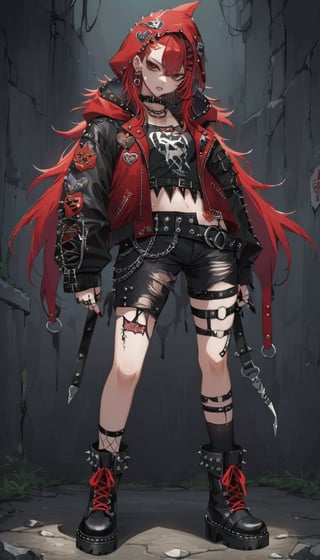 A punk rock version of Snow White, dressed in a rebellious fusion of avant-garde fashions. (standing: 1.2), red cape with hood and ripped mesh details, adorned with punk-inspired patches and brooches. Septum earrings, more calls, tattered dreadlocks, more patches, dirty, torn, anti-union spiked leather jackets, hardcore punk style jackets, punk badges, combat boots tied to legs, Rebellin, Dal, Emo orange, ct- niji2,dal,royal knight