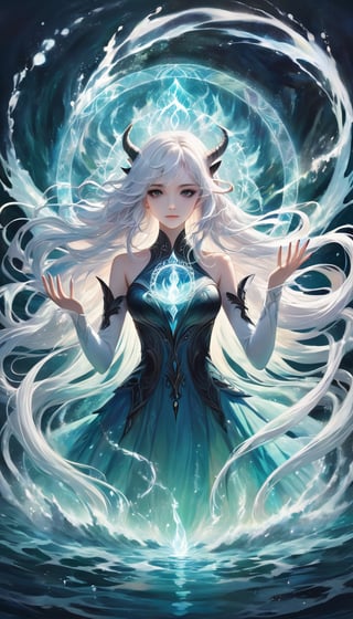 Abstract style 1girl, monster girl, in the sea, magic circle in her hands, water aura, long horns, long hair, floating hair,  white hair, black eyes, Non-representational, colors and shapes, expression of feelings, imaginative, highly detailed