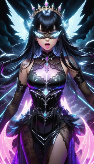 1girl, black hair, bangs, sexy, queen, crown, blindfold lace, open mouth, tongue out, let down hair, beautiful, sexy, shiny skin,  see through dress, full torso visible, under light hair, glowing hair, blush, scar,  goth, wings, dynamic pose
neon, futuristic, lots of tattoo, throne background, clouds, lightning strikes, torso shot, high contrast
sinozick style, fantasy, perfect quality, high quality, colorful background, detailed, detailed dark anime sketch