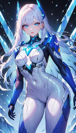 Best picture quality, high resolution, 8k, realistic, sharp focus, realistic image of elegant lady, Korean beauty, supermodel, pure white hair, blue eyes, wearing high-tech cyberpunk style blue Batgirl suit, radiant Glow, sparkling suit, mecha, perfectly customized high-tech suit, ice theme, custom design, 1 girl,swordup, looking at viewer,JeeSoo
