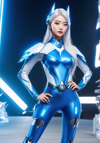 Best picture quality, high resolution, 8k, realistic, sharp focus, realistic image of elegant lady, Korean beauty, supermodel, pure white hair, blue eyes, wearing high-tech cyberpunk style blue Batgirl suit, radiant Glow, sparkling suit, mecha, perfectly customized high-tech suit, ice theme, custom design, 1 girl,mecha