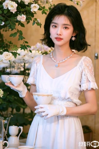 1girl, solo, short hair, black hair, gloves, hat, dress, jewelry, flower, earrings, white gloves, necklace, white dress, cup, rose, table, teacup, realistic, teapot, saucer, vase, pearl necklace,hongkong 80s