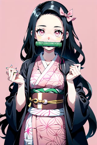 nezuko kamado, bamboo, bit gag, black hair, forehead, gag, gagged, hair ribbon, long hair, multicolored hair, (pink eyes:1.5), orange hair, slit pupils, wavy hair, two-tone hair, asa no ha (pattern), checkered sash, haori, japanese clothes, kimono, long sleeves, obi, pink kimono, sash, wariza,  wide sleeves, generate an image showing nezuko in a dojo while posing dynamically, photo of perfecteyes eyes, background,nezuko,photo of perfecteyes eyes,intricate printing pattern 