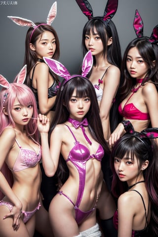 (Multiple slender Japanese super cute girls huddled together looking at the viewer,)High cut Playboy bunny  outfits, random hair, various hair ornaments, various accessories, various female focus, makeup, parody, (6+ girls), realistic, various faces, various hair colors, various eye colors, various ages, (various boob sizes,)All slender, skinny、(Playboy Bunny,)