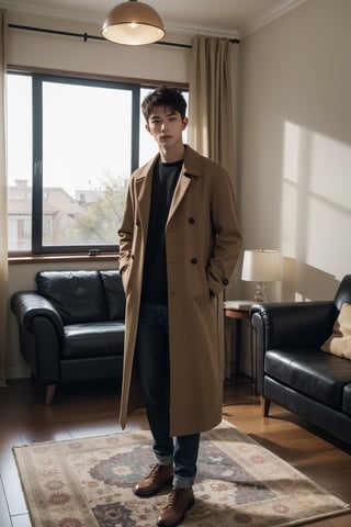 best quality, masterpiece, (photorealistic:1.4), 1boy, solo, short hair, big eyes, coat,long sleeves, upper body, dramatic lighting, looking at viewer, standing, indoors, living room, tables, carpet, wooden floor, decorations, window, sunshine,1boy