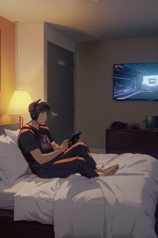 ((top-quality, 8K, realistic, masterpiece:1.3)), gamer boy, gamer, video games, PlayStation, xbox, esport, playing video game, sitting in bed, morden room