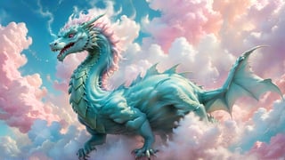 Pastel color palette, in dreamy soft pastel hues, pastelcore, pop surrealism poster illustration ||  A solitary cloud :: imaginary Gossamer ethereal translucent insubstantial white misty magic_cloud_dragon shaped precisely!!!!! Obviously!!!!! like an dragon!! Made_of_vapor!!!!, splash art, concept art, mid shot, intricately detailed, color depth, dramatic, side light, colorful background, detail || bright hazy pastel colors, whimsical, impossible dream, pastelpunk aesthetic fantasycore art, beautiful soft pastel colors