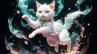 Pastel palette, bathed in dreamy soft pastel hues, pastelpunk aesthetic fantasycore art, Hsiao Ron Cheng, Spiritual hologram of a cyborg ghost cat, playing and jumping, transparent, hologram, smoky, ghostly, dreamlike, fractal, iridescence, smoke, concept art, beautiful digital illustration by yoshitaka amano, dan mumford, Nicolas delort, jeff koons, photorealism, crisp, UHD, fantasy, gorgeous linework, a complex and intricate masterpiece, cel-shaded, clean and sharp, Carne Griffiths and Wadim Kashin, dynamic lighting, hyperdetailed, intricately detailed, splash screen art, trending on pinterest, volumetric lighting, post processing, intricated pose, dynamic lighting, lights, digital painting, highly detailed, cute, filigree, intricated, best quality, by kentaro miura, Geof Darrow, Russ Mills, Sakimichan, dramatic atmosphere, masterpiece, 8k