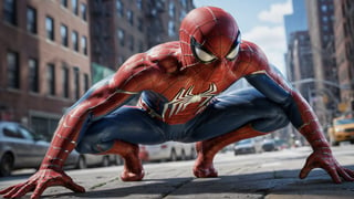 In this stunning depiction, capturing the intensity of spiderman in a squating down pose, he exudes a fierce and formidable presence. This high-quality image, rendered in 8K Ultra HD, immerses viewers in the intricate details of the scene. Whether it is a digitally enhanced photograph or an intricately painted masterpiece, this visually striking portrayal showcases spiderman in all his powerful glory.

