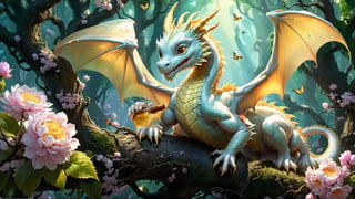 Pastel palette, bathed in dreamy soft pastel hues, pastelpunk aesthetic fantasycore art, By Marc Simonetti and Hirohiko Araki and Yoji Shinkawa || white flower petal dragon eating juicy honeycombs, imagine a “white thin dragon” that is a “nature creature that has the body of a flower and the wings of a butterfly”. The dragon is a gentle and friendly creature that spreads pollen and seeds. The scene could “show the dragon resting on a tree branch, while holding and eating a HONEYCOMB”, yum, bees || adorable, nature, heartwarming, uplifting || cgsociety, amazing, intricate, hyperdetailed beautiful, fantasy, clint cearley, todd lockwood, impossible dream, cotton candy hues