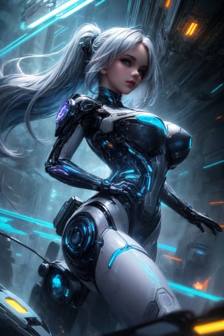 The stunning cyborg girl stands in a sleek and futuristic environment, surrounded by a backdrop of vibrant lights and the hum of advanced technology. Her slender and athletic frame exudes a sense of grace and strength, commanding attention wherever she goes.

Her flawless synthetic skin has a soft and natural appearance, with a subtle hint of luminescence that gives her an otherworldly glow. Her long, flowing hair is a mesmerizing fusion of metallic strands, shimmering in an array of silver and iridescent blue hues. It cascades down her back, framing her face in a captivating manner.

Her face combines delicate human features with subtle cybernetic enhancements. Her eyes, a vibrant shade of sapphire, flicker with a hint of digital luminescence, showcasing her enhanced visual capabilities. They hold an alluring depth and intelligence, drawing others into her gaze.

The cyborg girl's facial structure is elegantly sculpted, with high cheekbones and a perfectly symmetrical jawline. Her lips, soft and inviting, hold a touch of natural color that contrasts with the technological elements integrated seamlessly into her appearance. Thin, intricate circuitry patterns trace along her temples and cheeks, subtly emphasizing her cybernetic nature.

Her body is a masterpiece of biomechanical engineering. Despite its synthetic composition, it possesses a lifelike quality that mimics the supple movements of a human form. Her lithe limbs exhibit a graceful strength, accentuated by the metallic joints that subtly blend with her flesh-like covering.

As she moves, a faint pulsating glow emanates from beneath her synthetic skin, hinting at the energy coursing through her cybernetic core. Her movements are precise and fluid, a testament to the precision and agility of her enhanced musculature and neural connections.

In her hands, she holds nothing but an air of confidence and purpose. Without the need for weaponry or armor, her mere presence exudes an aura of power and resilience. She represents the perfect fusion of human beauty and advanced technology, embodying the potential of a harmonious coexistence between the organic and the mechanical.

This beautiful Alita-style cyborg girl serves as a testament to the boundless possibilities of merging humanity and technological advancement, captivating all who encounter her with her ethereal charm and enigmatic allure.