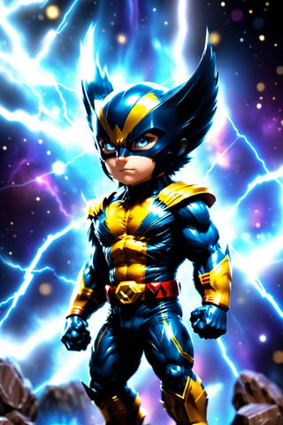 close up angle of (( toy),( 3d Wolverine figure ))(lightning) detailed focus, deep bokeh, beautiful, , dark cosmic background. Visually delightful , 3D,more detail XL,chibi