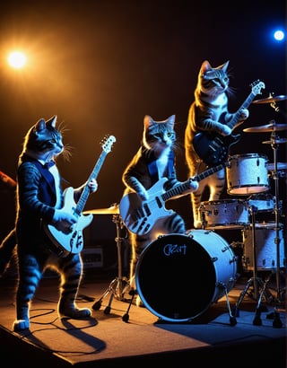 real photo of a real cats,  1_cat_playing_electric_guitar, 2_cat playing_drums, 3_cat_playing_bass_guitar, Rock lighting, 