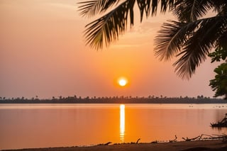 Real photo, view from the Indian settlement to the beautiful tropical nature. Brown water in the lake. The sun behind the horizon.
, dslr, ultra quality, sharp focus, tack sharp, dof, film grain, Fujifilm XT3, crystal clear, highly detailed glossy eyes, high detailed skin, skin pores,