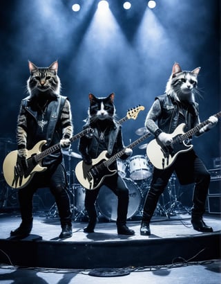 real photo of a metal band of cats. 3cats, 3cats on stage, 1cat playing (electric guitar), 2cat playing (drums), 3cat playing (bass guitar), ,Rock lighting