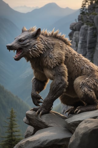 Create a realistic photograph of several Grottos, fantastical creatures resembling armored mammals with rugged, rock-textured fur and powerful limbs designed for traversing mountainous terrain. Each creature exhibits distinctive personality traits through their posture, expression, and interaction with one another. Set against a panoramic vista of a misty alpine valley during dawn, the photograph demonstrates exceptional command over lighting, color palette, and compositional elements, producing a visually engaging and emotionally resonant tableau. Carefully crafted details include accurately represented scales, musculature, and weathered scars consistent with the hardships faced by these remarkable beings.