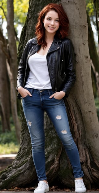 A hyperrealistic young girl stands in full-length close-up with a short fashionable haircut of red hair, dressed in a black leather jacket and jeans, fashionable white sneakers on her feet, the girl's jacket is slightly open, the girl is leaning against a large tree trunk, a large full natural breast is visible, the girl has a sweet smile.