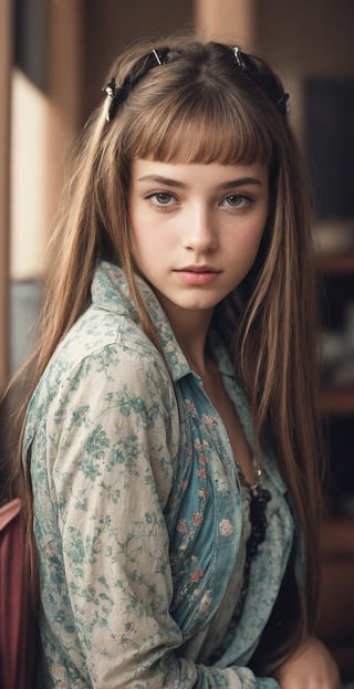 A hyperrealistic young girl from the 1970s stands in full-length close-up, the girl is dressed in fashionable clothes from the 1970s, the atmosphere of the 1970s.