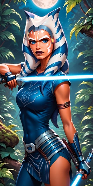 excellent quality, 1 Ahsoka is a girl of stunning beauty, in full height, standing holding a green Jedi sword in her hands, close-up, serious look, in the photo she stands with a Jedi sword, at night in the forest, wild flora, jungle, night, moon, blue leggings, boots, thigh armor, fingerless gloves, blue headband, blue T-shirts, glowing Jedi sword