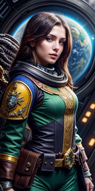 Hyperrealistic young girl inquisitor full-length close-up, with long straight hair, beautiful green eyes, parted lips, cute expressive captivating look, the atmosphere of the world of Warhammer 40,000, the girl is wearing fantastic clothes from the universe of Warhammer 40,000, a space marine combat suit, a girl against the background of the flora of a wild unknown planet.