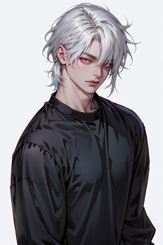 man with white haired and red eyes and wolfcut haired using grey crewneck in white background