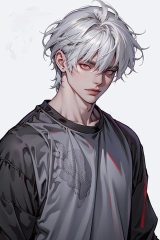 man with white haired and red eyes and wolfcut haired using grey crewneck in white background