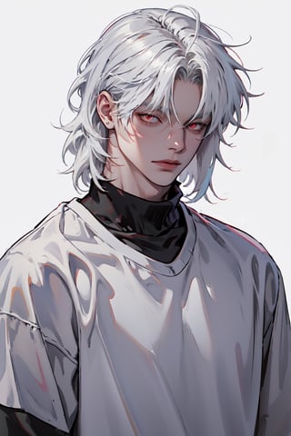 man with white haired and red eyes and wolfcut haired using grey crewneck in white background