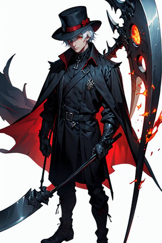 man using coat and dark era style and eyes heterochromia and using hat and white haired and using flaming cape and scythe and axe in white background