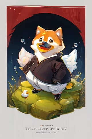 clothing design, poster design, trend, shiba inu, chick, animal, duck, bubble, illustration, exquisite, center focus