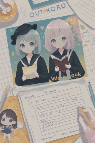 Book cover, workbook, homework sign-in, cute, book, design, (there are two cute students in the middle writing homework, handing in the homework and reviewing carefully),chibi,kawaii,tonghuazhen,portrait