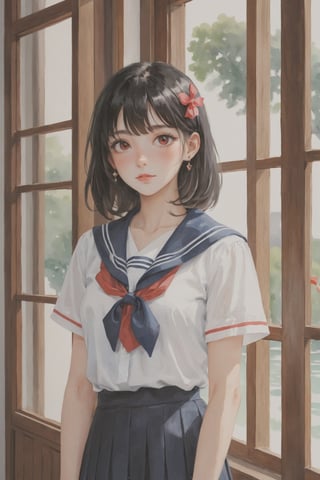 (Best quality, High quality, masterpiece, Watercolor painting, fairytale, ligne_claire, realistic, Illustration), rating:safe, 1girl, skirt, long_hair, red_eyes, solo, earrings, blue_eyes, sailor_collar, black_hair, pleated_skirt, jewelry, school_uniform, black_skirt, heterochromia, serafuku, looking_at_viewer, short_sleeves, indoors, neckerchief, window, floating_hair, shirt, red_neckwear, white_shirt, standing, bangs, closed_mouth, petals, blush, black_sailor_collar, holding, cowboy_shot, multicolored_hair, eyebrows_visible_through_hair
