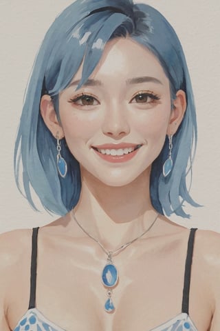 (Best quality, Good Quality, masterpiece, Super Quality, Gouache painting, Gouache, ligne_claire, realistic, painting, Portrait), 1girl, Seductive smile, Watercolor, Blue hair, Negative spaces, Abstract, Impression, Korean, Necklace, ear rings, small tattoo, Piercing, Deep V_Neck